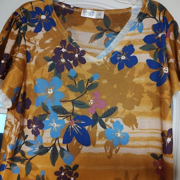 New Terra & Sky Mustard Combo With Flowers Rufflw Sleeve Tee Women's OX 14W - Picture 2 of 2
